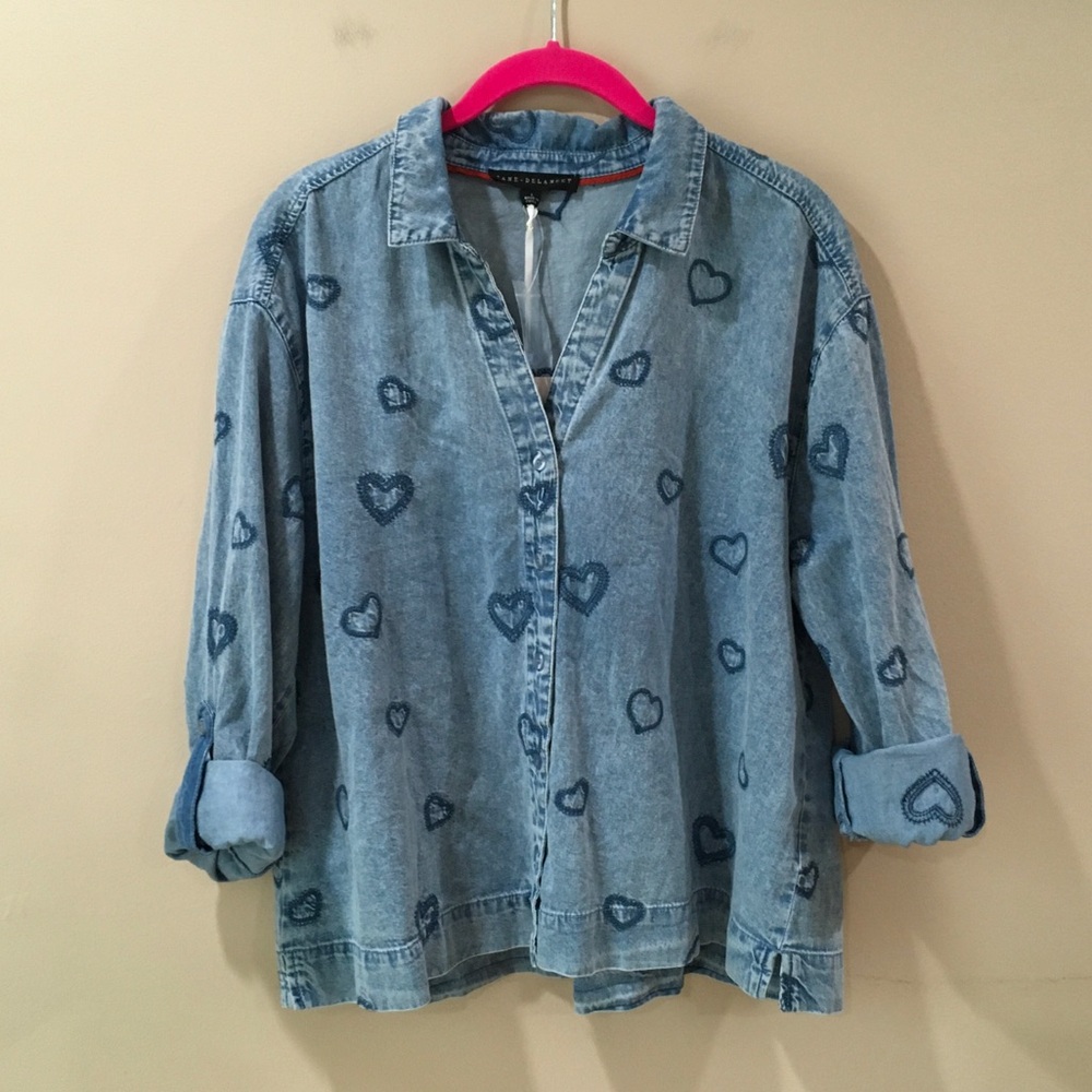 NWT Jane And Delancey Womens L Shirt Heart Print Embroidery Blue Chambray Button - Picture 2 of 7